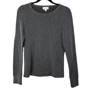 Evereve Ribbed Long Sleeve Knit Top Gray Black Fitted Lightweight Small